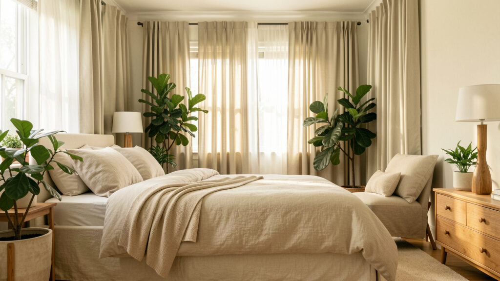 Chambre lumineuse et apaisante avec un lit soigneusement fait, des rideaux occultants, des plantes vertes et une ambiance douce et chaleureuse.