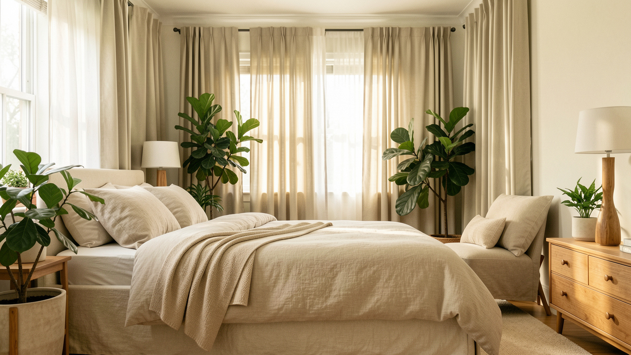 Chambre lumineuse et apaisante avec un lit soigneusement fait, des rideaux occultants, des plantes vertes et une ambiance douce et chaleureuse.