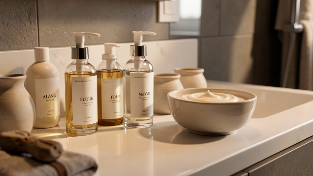 Produits de soin visage élégants disposés sur une vasque de salle de bain, éclairage doux et ambiance apaisante, reflets mettant en valeur une peau foncée.