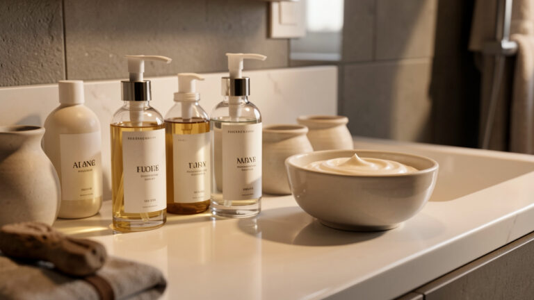 Produits de soin visage élégants disposés sur une vasque de salle de bain, éclairage doux et ambiance apaisante, reflets mettant en valeur une peau foncée.