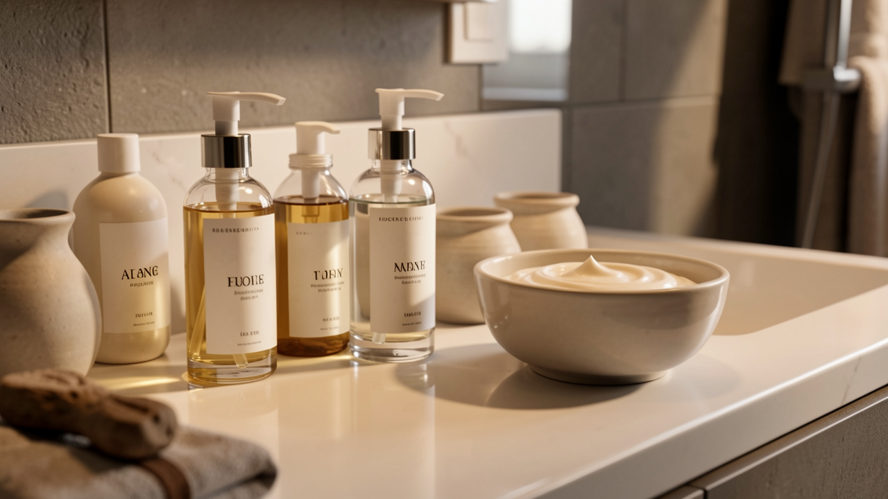 Produits de soin visage élégants disposés sur une vasque de salle de bain, éclairage doux et ambiance apaisante, reflets mettant en valeur une peau foncée.