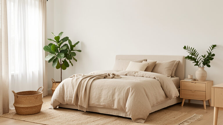 Chambre lumineuse et apaisante avec linge de lit beige, plantes vertes et décoration naturelle minimaliste.