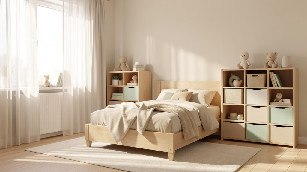 Chambre d’enfant lumineuse et apaisante avec un lit bas, des rangements en bois, des tons doux et une décoration minimaliste.