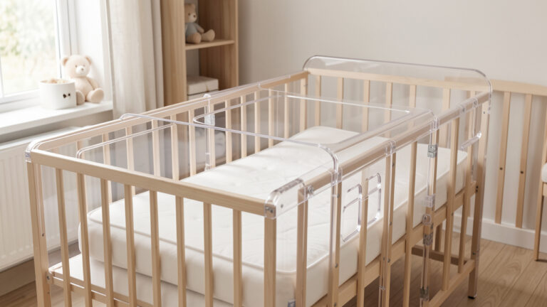Lit bébé transparent en plexiglas présenté dans une chambre de bébé et inspecté pour vérifier ses éléments de sécurité.