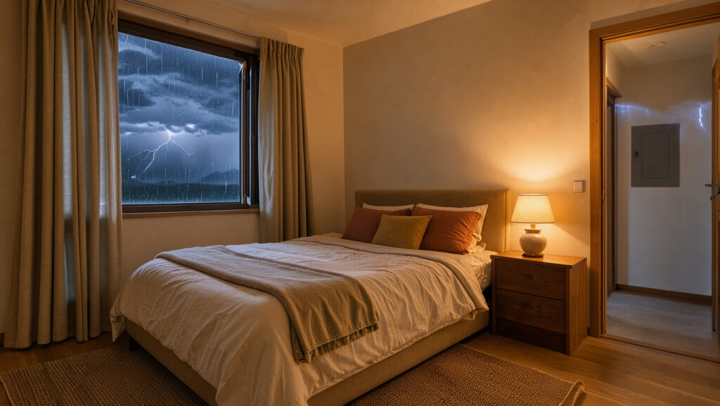 Chambre chaleureuse et calme pendant un orage, avec une fenêtre éclairée par des éclairs lointains et un tableau électrique moderne visible dans le couloir.