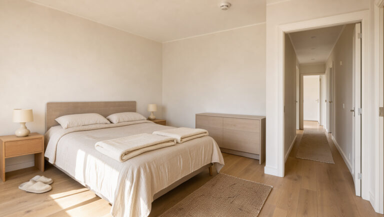Chambre familiale sobre et lumineuse donnant sur un couloir dégagé avec un détecteur de fumée au plafond.