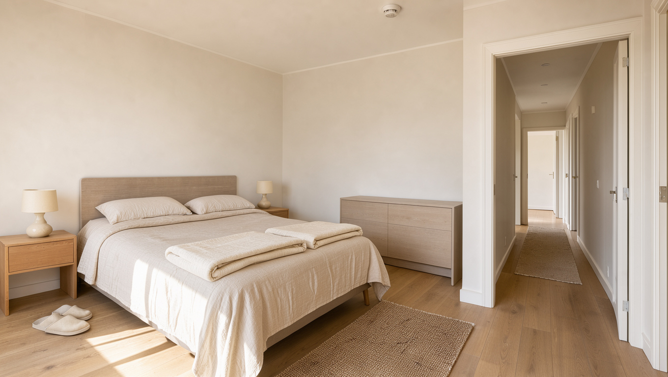 Chambre familiale sobre et lumineuse donnant sur un couloir dégagé avec un détecteur de fumée au plafond.