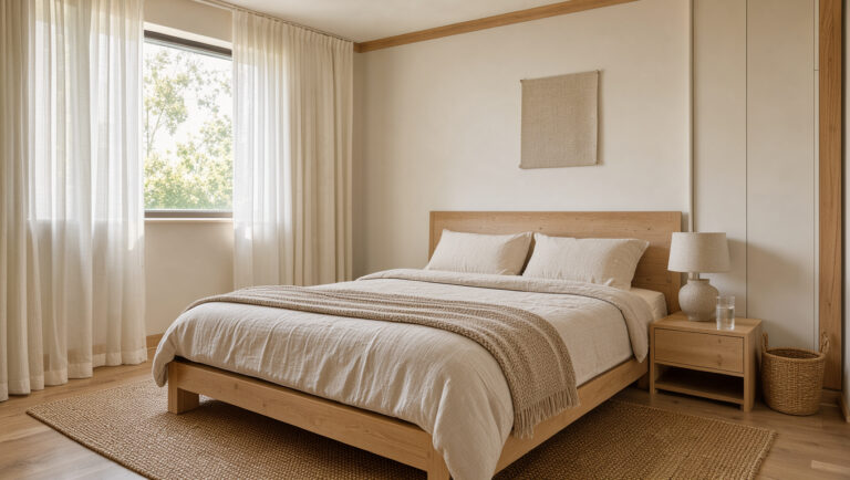 Chambre lumineuse et apaisante avec un lit en lin naturel, des rangements discrets et une douce lumière matinale.