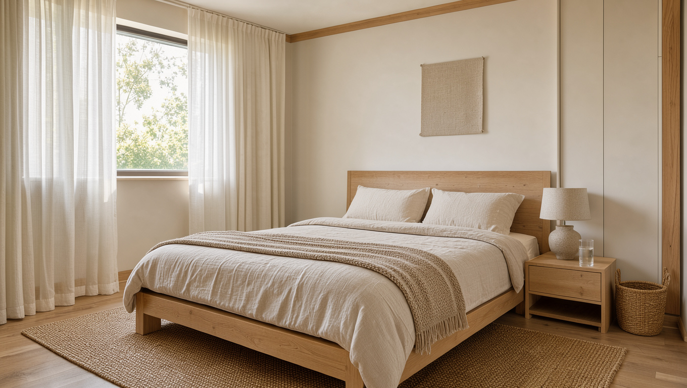 Chambre lumineuse et apaisante avec un lit en lin naturel, des rangements discrets et une douce lumière matinale.