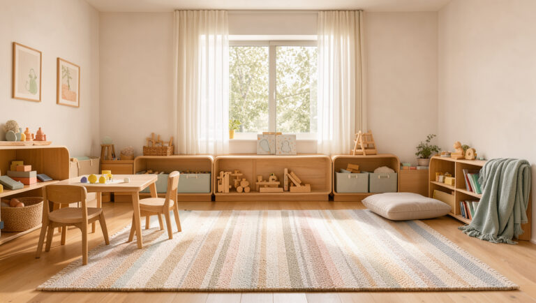 Espace enfant lumineux avec rangements bas, coin lecture, tapis doux et mobilier en bois clair.