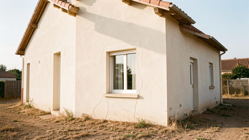 Façade réaliste d’une maison individuelle française sur un sol sec, avec de fines fissures visibles près d’une fenêtre.
