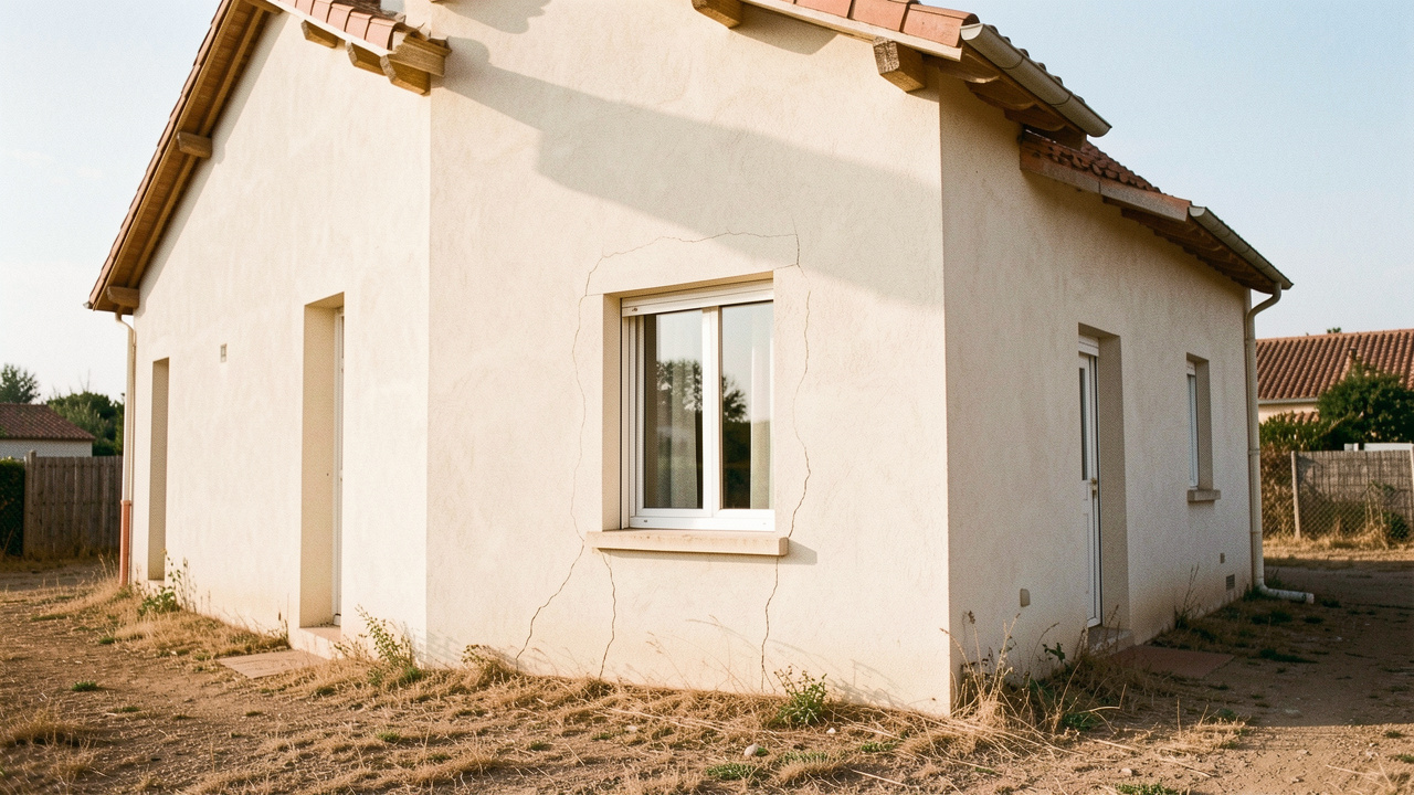 Façade réaliste d’une maison individuelle française sur un sol sec, avec de fines fissures visibles près d’une fenêtre.